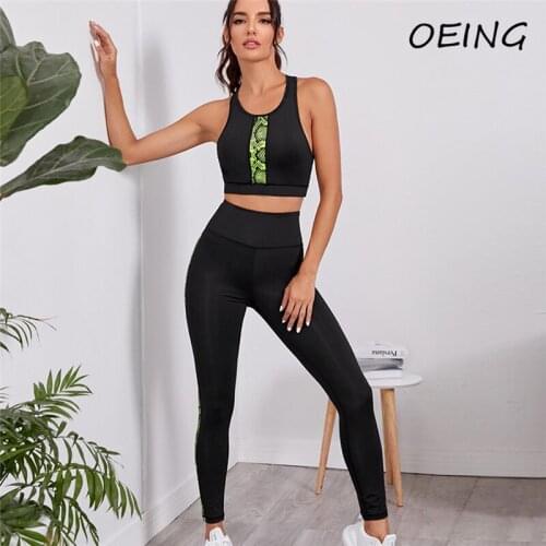 Fitness Sport Clothes Womens Yoga Two Piece Sets Jogging Workout Tracksuits Patchwork Black Exercise Set