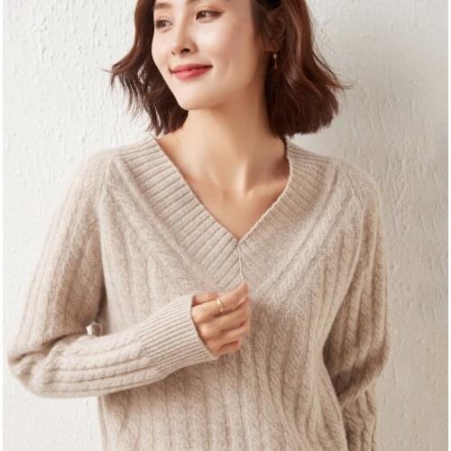 SZDYQH Autumn Winter Casual V-neck 100% Wool Jumper Bottom Sweater Women Sweaters And Pullovers Long Sleeve Loose Thicken Tops