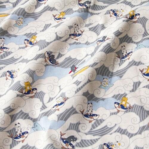 Half-Meter Japanese Cotton Linen Fabric Patchwork Sewing DIY Handmade Textile Cat Surfing B
