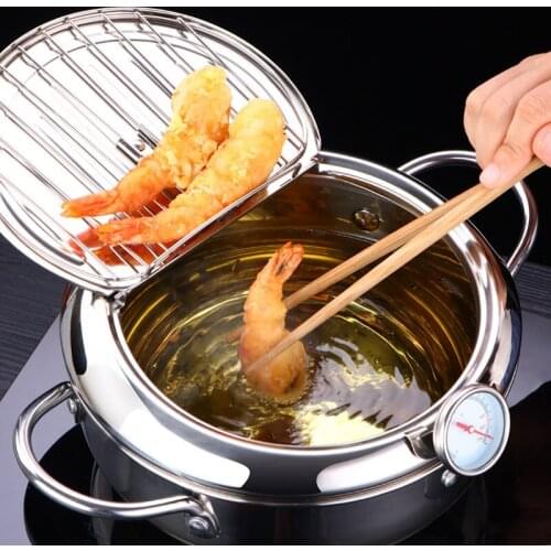 Japanese Deep Frying Pot with a Thermometer and a Lid 304 Stainless Steel Kitchen Tempura Fryer Pan 20 24 cm KC0405