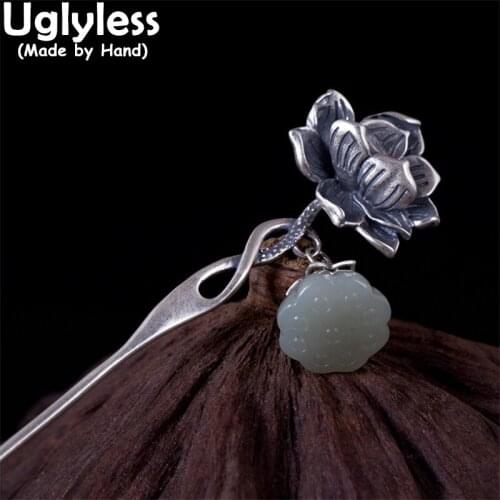 Uglyless Vintage Thai Silver Lotus Flower Hair Sticks Women Natural Jade Lotus Hair Forks 925 Silver Hair Jewelry Ethnic Bijoux
