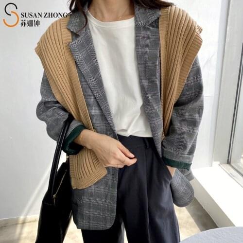 Women Coat Female Blazer Suit Vintage Check Print Button Cuff Notched Collar Colorful Delicate Tailored England Style Autumn
