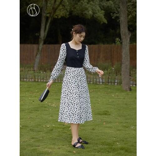 DUSHU Office Ladies Early Autumn 2021 Retro Stitching Dress Womens Mid-length Thin Square Neck Tea Break Dress Women Clothes