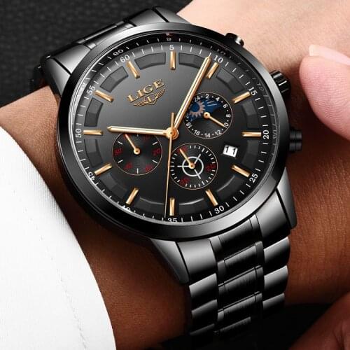 LIGE Watch Men Sport Quartz stainless steel Mens Watches Brand Luxury Waterproof Business Black WristWatch Relogio Masculino+Box