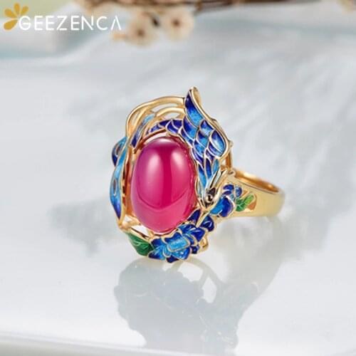 GEEZENCA 925 Silver Gold Plated Enamel Phoenix Ring Earrings Jewelry Sets For Women Vintage Ethnic Red Corundum Earring Rings