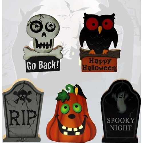 Halloween Wooden Ornaments Pumpkin Tombstone Skull Owl Figurines for Interior DIY Party Halloween Decoration Living Room Decor