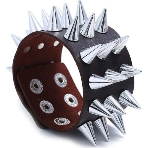Jessingshow Unique Three Row Hip Hop Cuspidal Spikes Wide Cuff Leather Punk Gothic Rock Unisex Bangle Bracelet Men Jewelry Gift