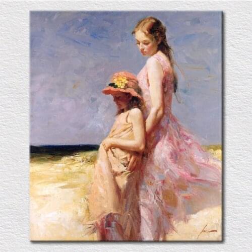 Canvas prints painting Two sisters at the beach from hand painted oil painting to you to hang on room wall free shipping