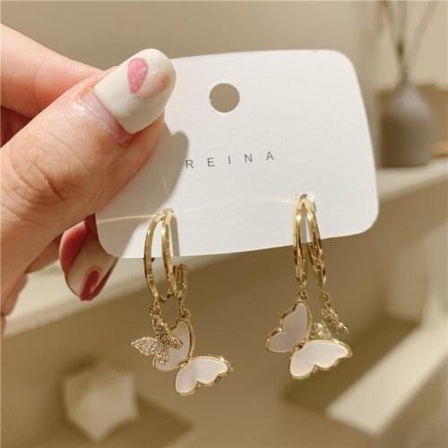 Korean New Fashion Jewelry Shining Zircon Butterfly Pendant Shell Earrings for Women Elegant Exquisite Earrings Party Jewelry