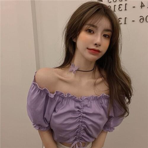 Summer Sexy Off Shoulder Crop Top Ruffles White Shirt Women Puff Sleeve Harajuku Tee Shirt Chiffon Blouse 2021 Fashion Lace Up