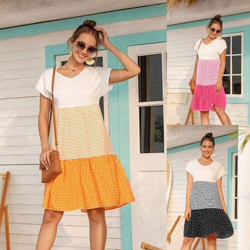 Cross-border hot style amazon ebay European foreign trade dress standing wave point v-neck short-sleeved summer dress