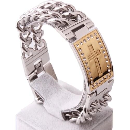 Granny Chic Mens High Quality 316L Stainless Steel Jewelry Double Hand Chain Cross AAA Crystal Bracelet