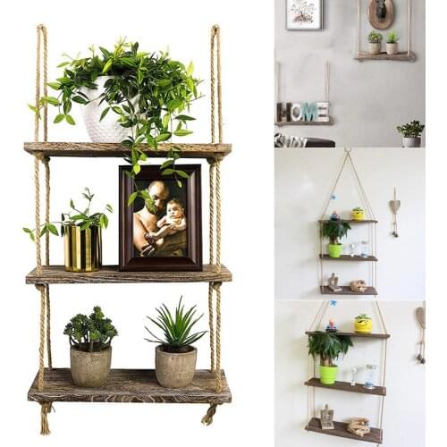 Wall Swing Storage Shelves Wood Hanging Shelf Jute Rope Organizer Rack Home DIY Decoration E2S