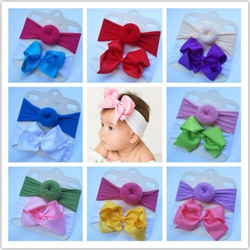 2pcs/lot Solid Color Grosgrain Ribbon Bows Baby Girl Elastic Headband Infant Soft Comfortable Nylon Hairband Cute Donut Headwear