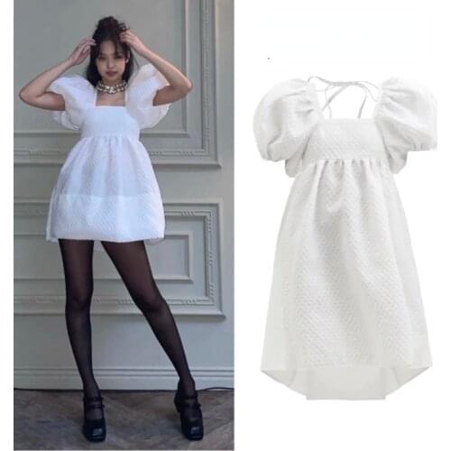 Kpop Jennie Korean Summer New Elegant Bubble Sleeve White Party Dress Streetwear Fashion Square Neck Women A-Line Mini Dresses