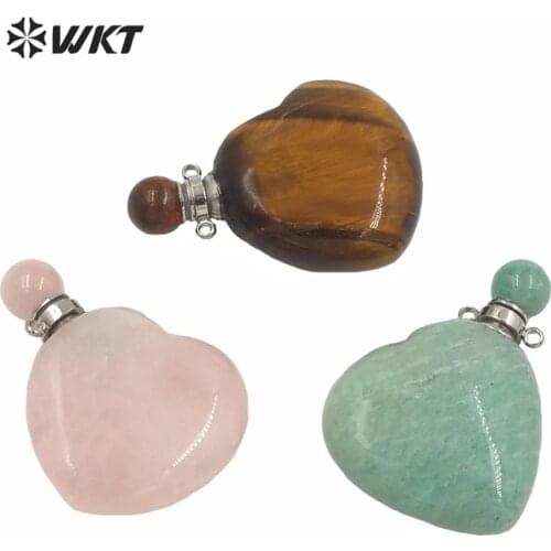 WT-P1605 Fashion Steel Parts Heart Bottle Pendant Women Heart Design Natural Stone Carved Essential Oil Bottle Pendant