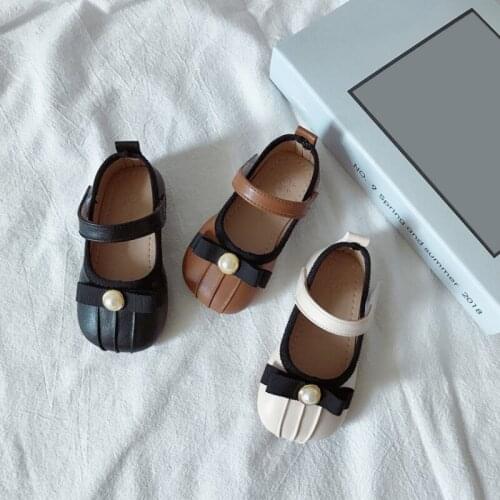 Fashion Autumn Fall Kids Girls Casual Pearl Bow Princess Shoes Microfiber Leather Round Toe Single Shoes With Soft Soles