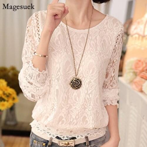 Spring New Long Sleeve Shirt Women O-neck Floral Lace Solid White Blouse Femme Fashion Hollow Out Shirts For Women Blusas 51C