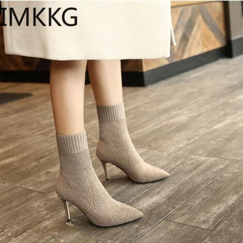 2020Autumn winter thin heel pointed ankle boot female socks boots show thin high heels elastic boots fashion elegant ankle boots