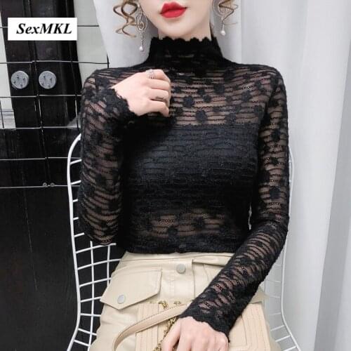 Women Sexy White Lace Blouses 2021 Spring Summer Fashion Long Sleeve Ladies Tops Korean Clothes Basic Slim Transparent Blouse