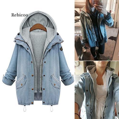 Women Casual Two Piece Set Denim Jacket Hooded Vest Oversized Coat Outwear