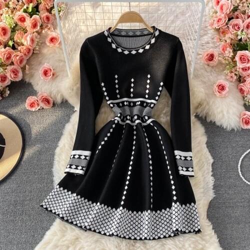 SINGREINY Women Korean Knitted Dress Fashion Long Sleeve O Neck A-line Dresses 2021 Autumn Casual Streetwear Short Sweater Dress