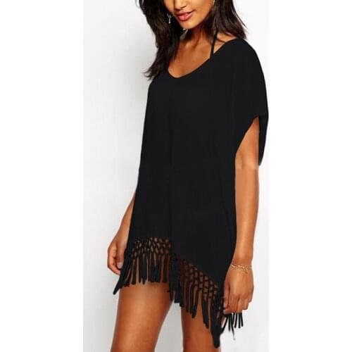 Ladies Summer Bat Short-sleeved Solid Color Stitching Fringed Sexy Low-neck Beach Dress Casual Loose Bikini Mask