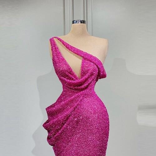 Sparkling One Shoulder Evening Gowns Ruffles Mermaid Long Length Women Plus Size Prom Dresses Beaded For Party