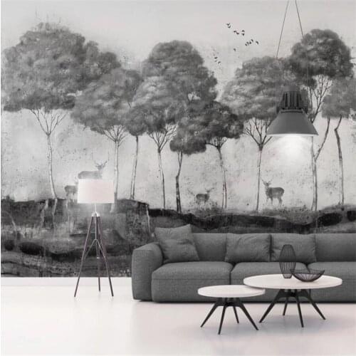 Milofi 3D wallpaper Nordic style nostalgic hand-painted elk forest black and white background wall paper mural