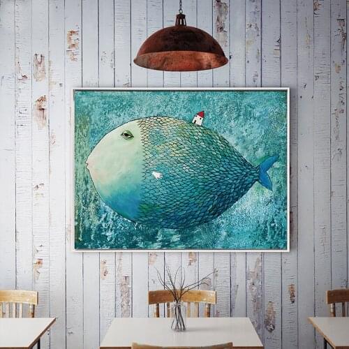 Kawai Animal Big Fish Small House Modern Nordic Cartoon Child Care Wall Art Decoration Painting Child Baby Room No Frame
