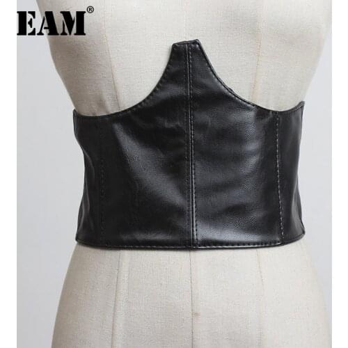 [EAM] Black Pu Leather Elastic Irregular Spliced Belt Personality Women New Fashion Tide All-match Spring Autumn 2021 1DD1133
