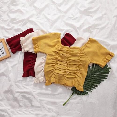 HELIAR Women Off Shoulder T-shirts Female Pleated Tees Solid Cotton Short Sleeve T 2020 Summer Cotton Stretchy T-Shirts Womem