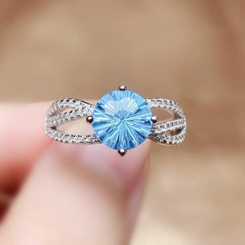 Natural real blue topaz round ring Per jewelry 8*8mm 2.5ct gemstone 925 sterling silver Fine jewelry Q2142319