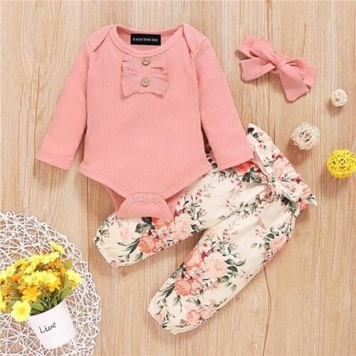 2Pcs Baby Girl Clothes Set Fashion Autumn Long Sleeve Solid Color Romper Tops Floral Print Pants Infant Outfits