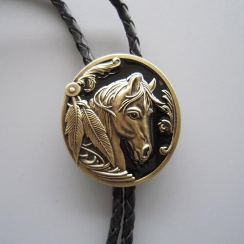 Antique Bronze Plated Western Horse Head Oval Bolo Tie Neck Tie Leather Necklace