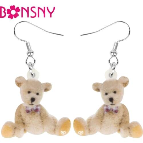 Bonsny Acrylic Sitting Doll Bear Toy Earrings Long Sweet Animal Dangle Drop Jewelry Gift For Women Girls Kids Charms Decorations