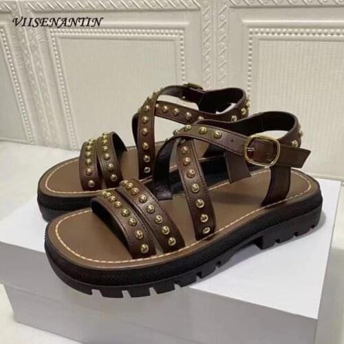 Summer Luxury Brand Rivet Genuine Leather Thick-soled Roman Sandals New Casual All-match Beach Vacation Sandals