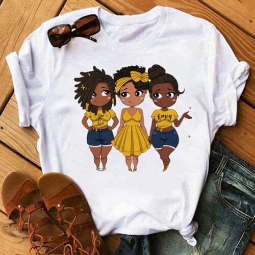 Maycaur Harajuku Black African Curly Hair Girls Tshirt Women Cartoon Graphic Print Tops Female T-shirt Cute Tee Friends T Shirts