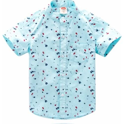 Fashion boy shirt short sleeve with cute print pattern cotton 100% 16BTS01 blue