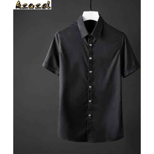 Azazel Solid Color Mens Shirts Luxury Alloy Round Rivet Short Sleeve Mens Dress Shirts Plus Size 3XL 4XL 100% Cotton Shirts Man