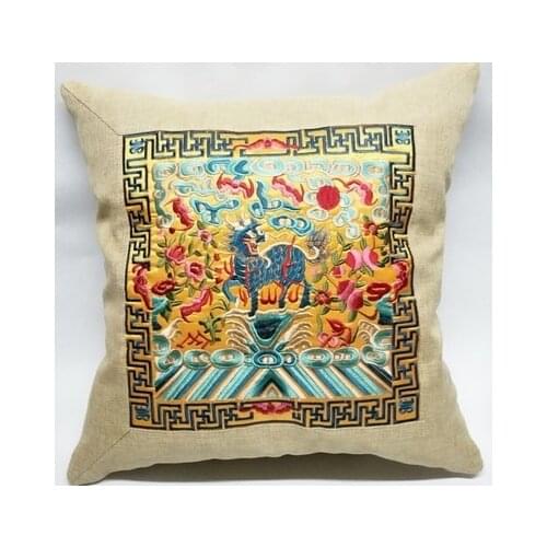 New Chinese style ethnic style linen patch unicorn pattern embroidery hug pillowcase cushion cover 004