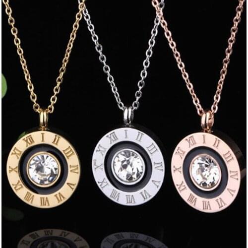 Fashion Middle Crystal Roman Numerals Round Gold Color / Rose Gold Color/ Silver Color Titanium Steel Necklace
