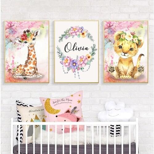 Personalized Girl Name Poster Nursery Custom Wall Art Print Elephant Giraffe Lion Rabbit Canvas Painting Decoration Baby Bedroom