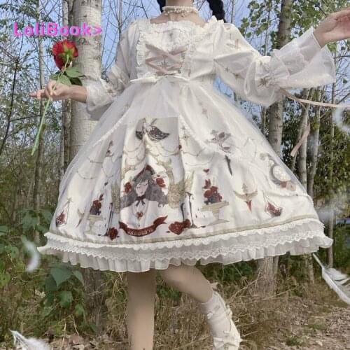 Lolibook Japanese Dress Women Bow Long-sleeved Lolita Dress Women Soft Girl Kawaii Printed Anime Role-playing Elegant Dress