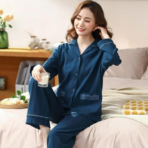 Casual Pajamas Women Sleepwear Pure Cotton Two Piece Set Lace Shirt&Pants Sexy Button-Down Loungewear Comfy Pyjamas PJS Suit