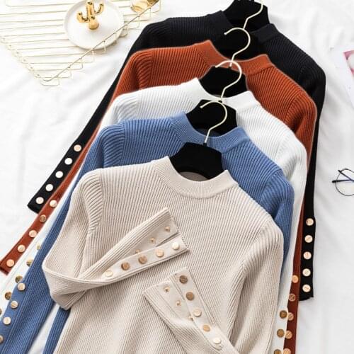 Casual autumn winter women thick sweater pullovers long sleeve button o-neck chic Sweater Female Slim knit top soft jumper tops