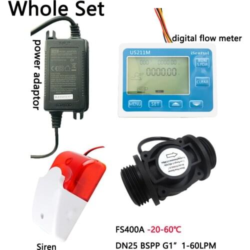 US211MA Water Flow Meter Totalizer Alarmer and PA66 FS400A Flow Senor Turbine flowmeter G1" BSPP Water Suspend Alarming System