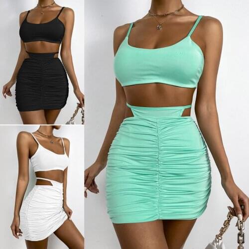 Sexy Solid Breast Wrap Sling Tank Tops High Waist Lace Up Slim Bag-hip Skirt 2PC Set High Street Fashion Women Outfits 3 Colors