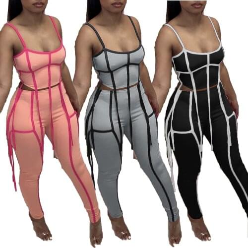2021 Summer Colorful Color Block Tassels 2 Piece Set Women Sexy Vest Crop Top + Pencil Pants Bodycon Club Two Piece Set Outfits