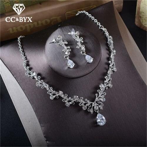 CC Stud Earring and Necklac 2pcs jewelry Sets Cubic Zircon Rhinestonen Water Drop Simple Design Wholesale long Necklaces TL205